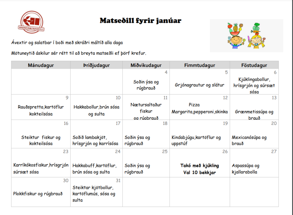 Matseðill fyrir janúar og febrúar