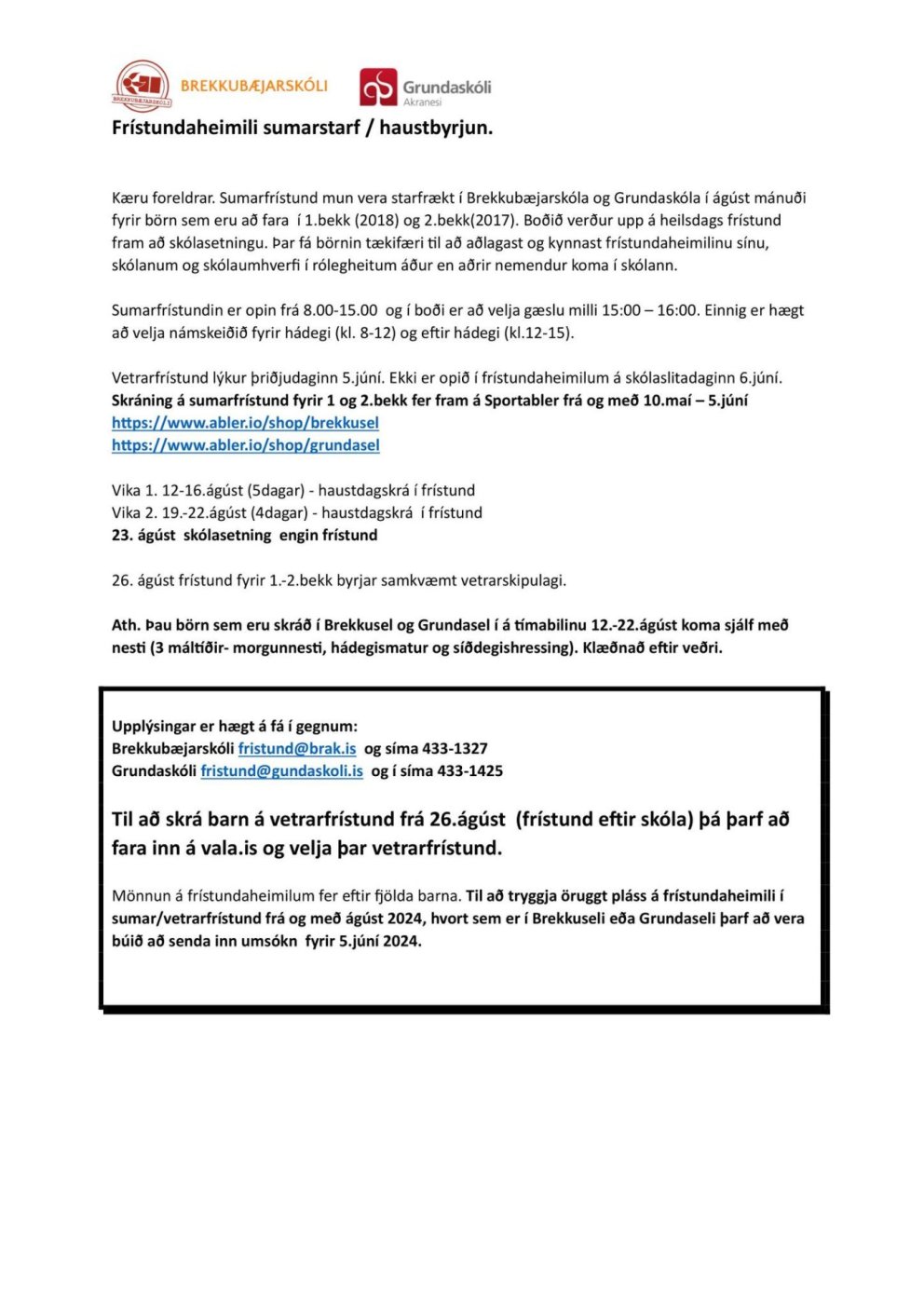 Upplýsingar varðandi frístund