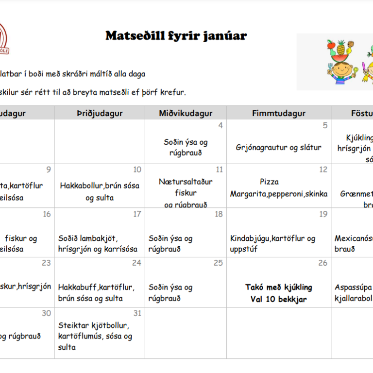Matseðill fyrir janúar og febrúar